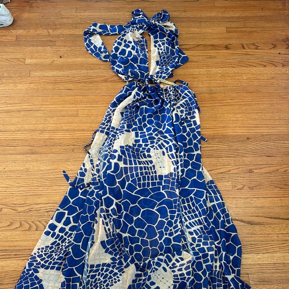 the clothing company Blue & White Halter Maxi Dress